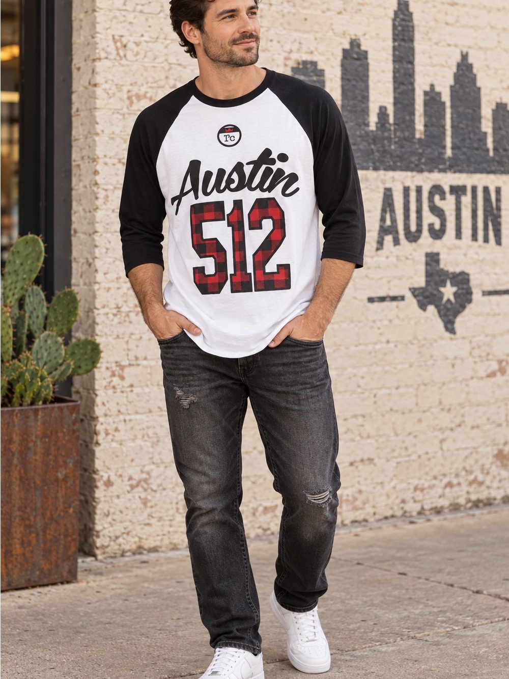 Austin 512 Raglan Long-Sleeve Tee - White & Black